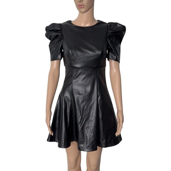 Lulu's Black Vegan Leather Puff Sleeve Fit and Flare Mini Dress (XS) - Picture 1 of 15